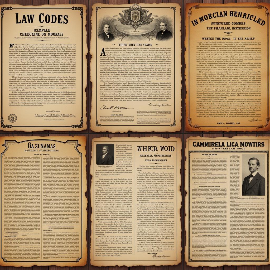 Vintage legal posters showcasing historical law codes and documents