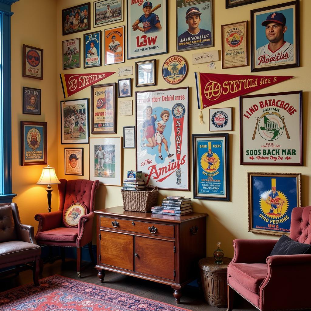 Vintage New York Mets posters and memorabilia displayed in a retro-themed fan cave.