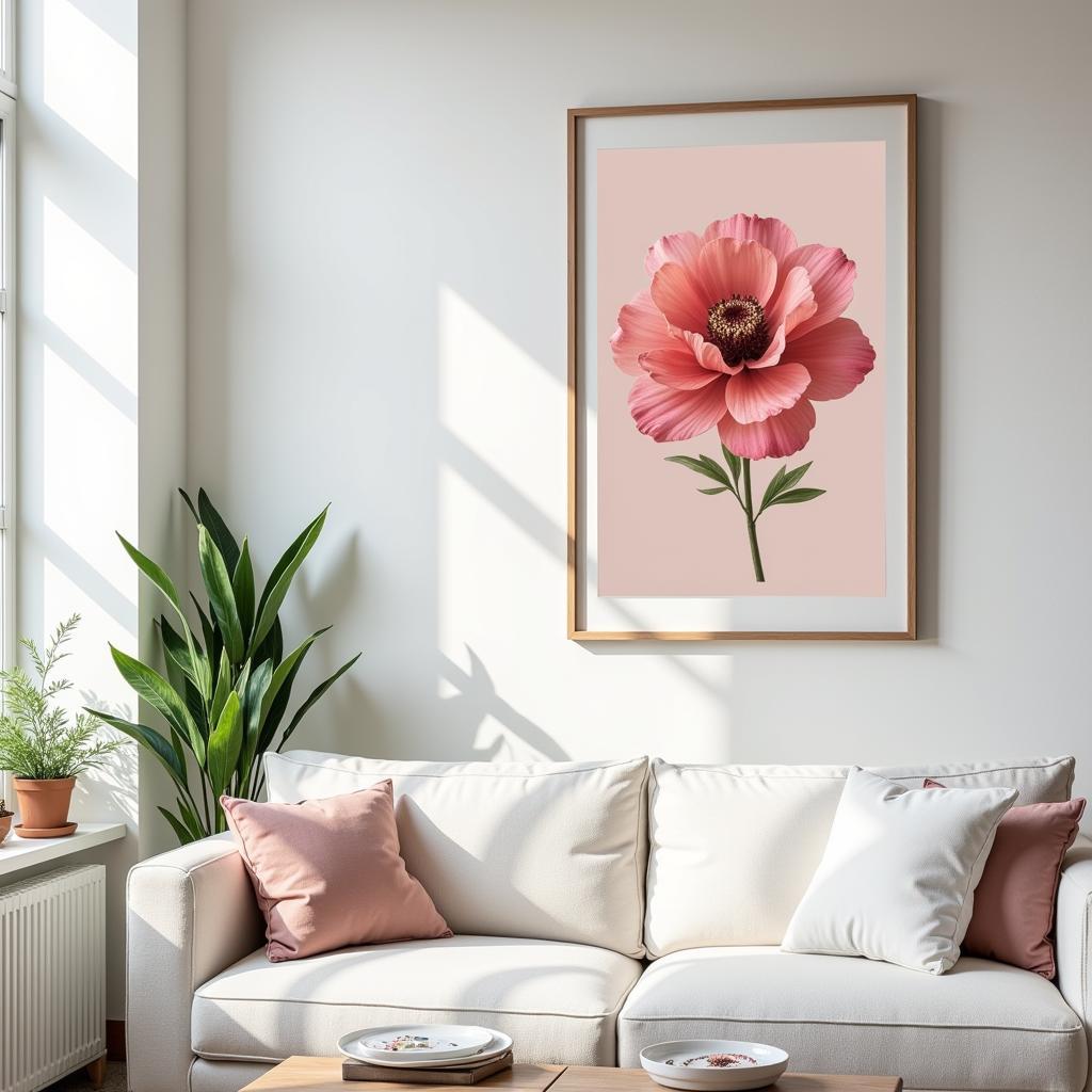 Vintage pink floral wall art in a cozy living room