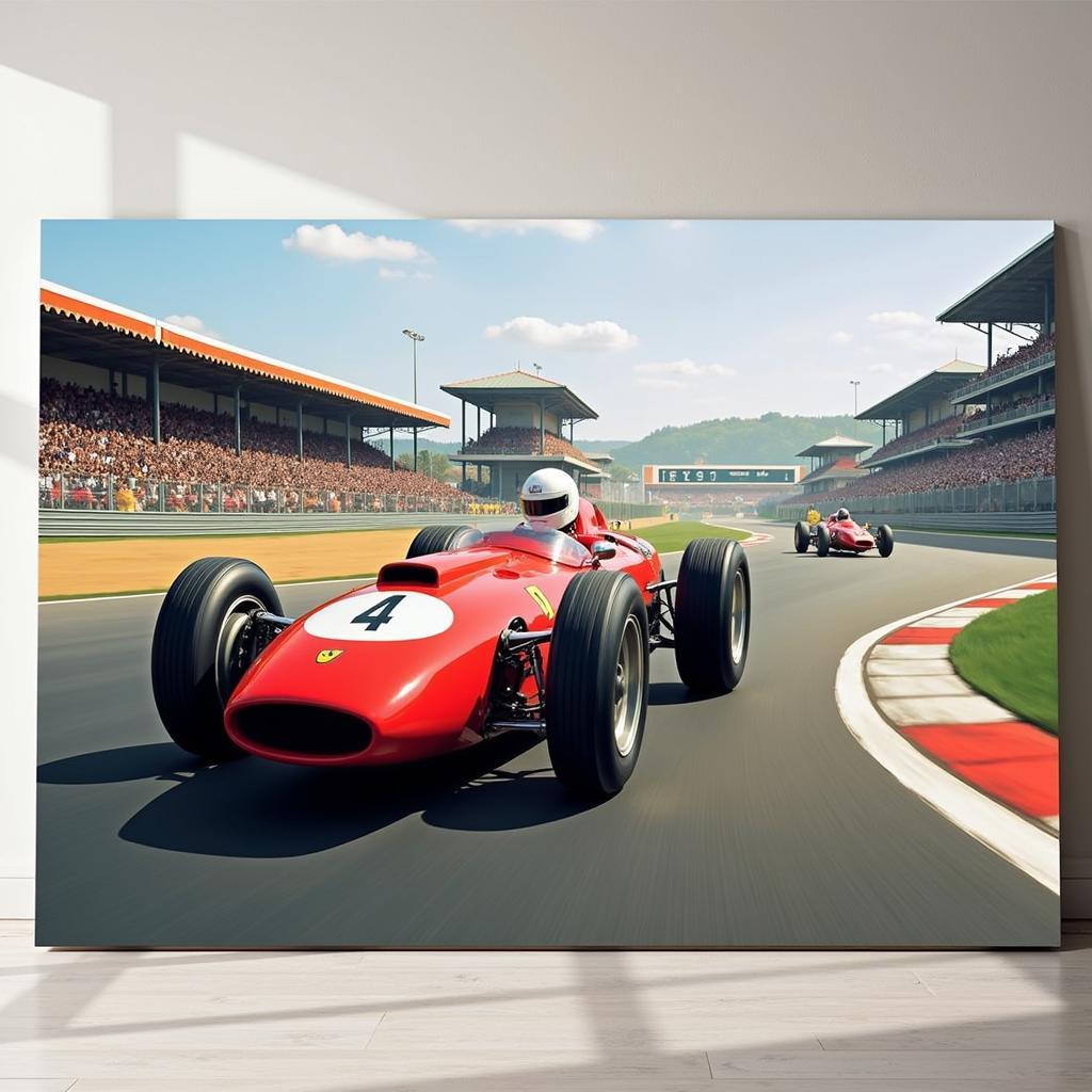 Vintage Race Car Canvas Print: A classic race car speeds around a track in this vibrant canvas print.