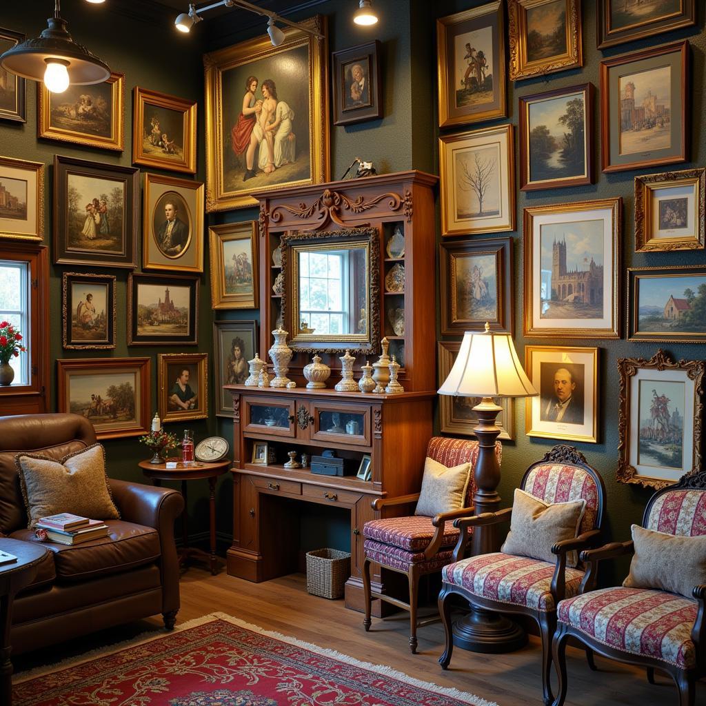 An antique shop showcasing a variety of vintage looking wall art, including framed paintings, prints, and mirrors.