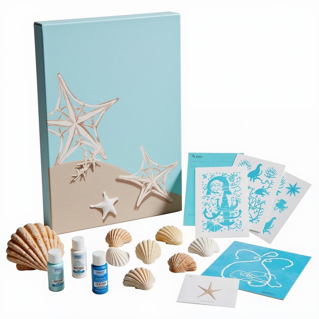 Coastal themed wall art kit with shells and nautical elements.