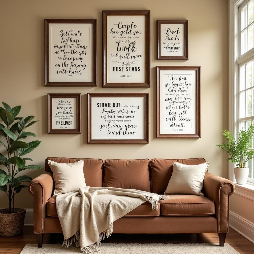 Wall art scriptures displayed in a living room setting, showcasing different styles and framing options.