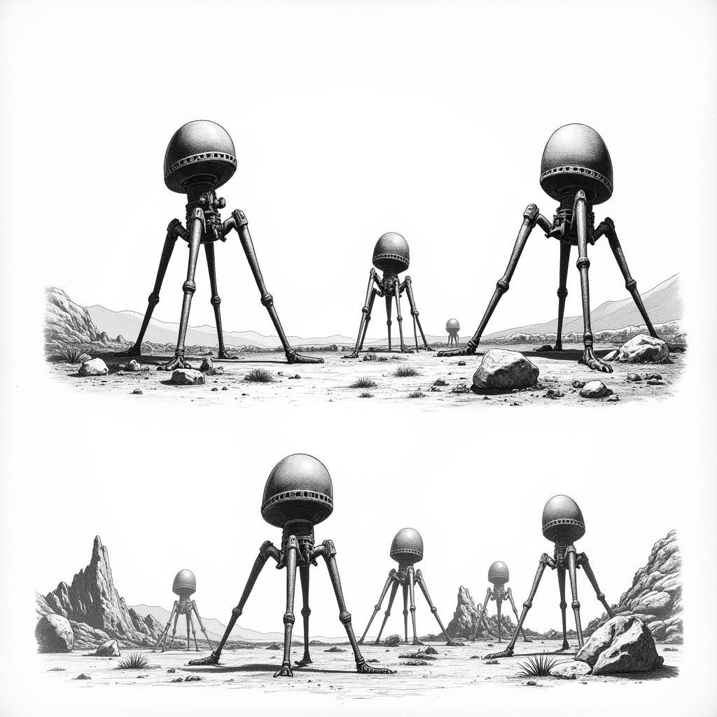 Early illustrations of the Martian tripods from H.G. Wells' The War of the Worlds