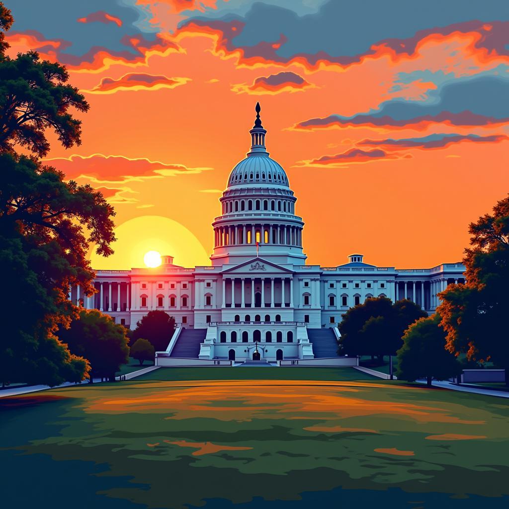 Washington DC wall art featuring the Capitol Building at sunset