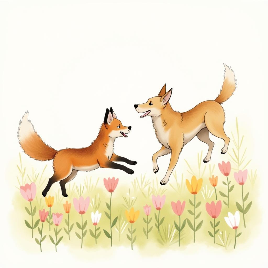 Watercolor Painting of Fox and Hound Playing