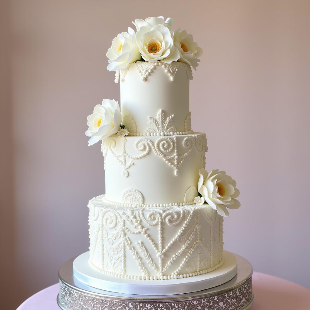 A multi-tiered wedding cake with intricate floral and lace designs.