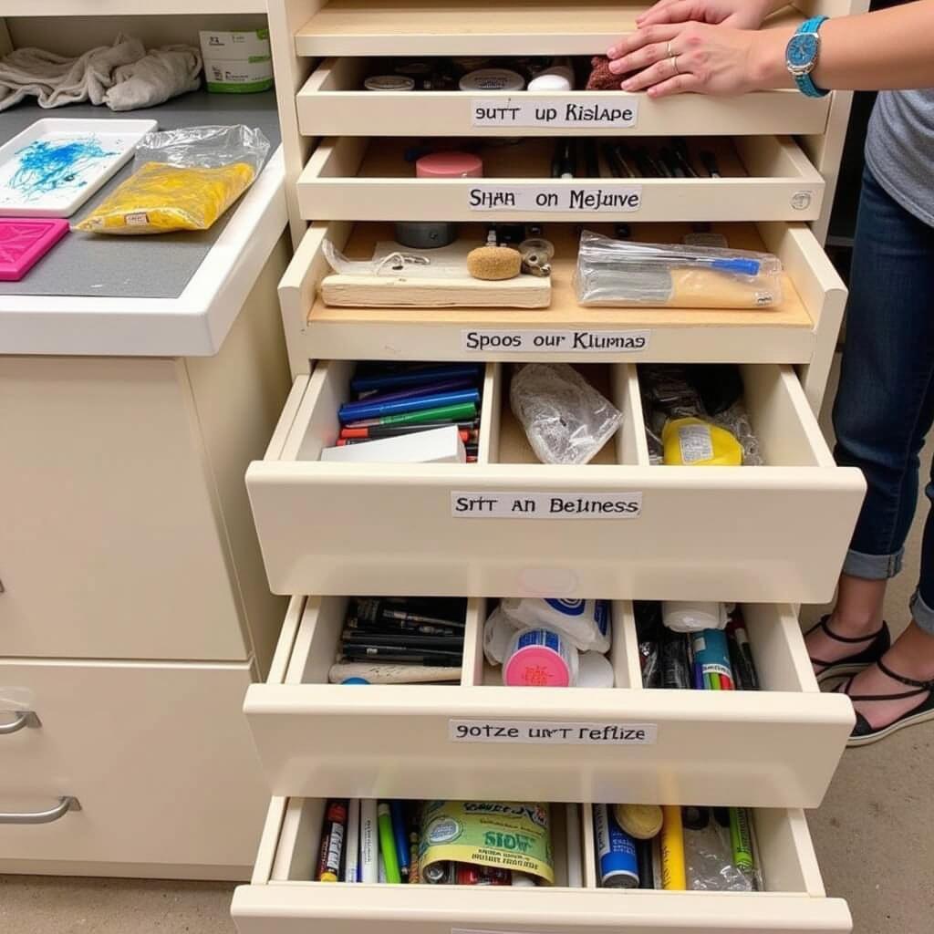 Well-organized art supply storage cabinet