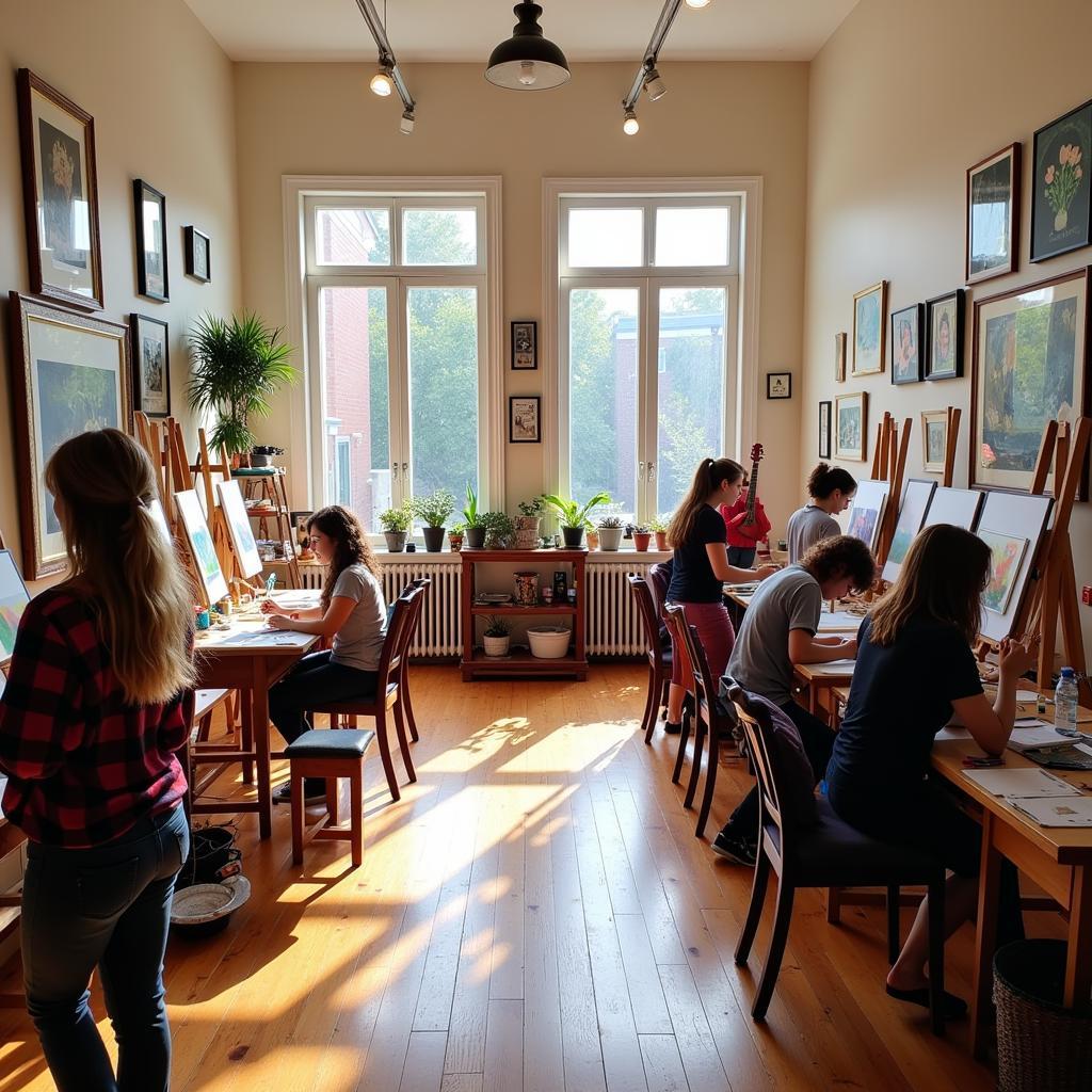 Students working on easels in a bright, airy art studio in Westchester County.