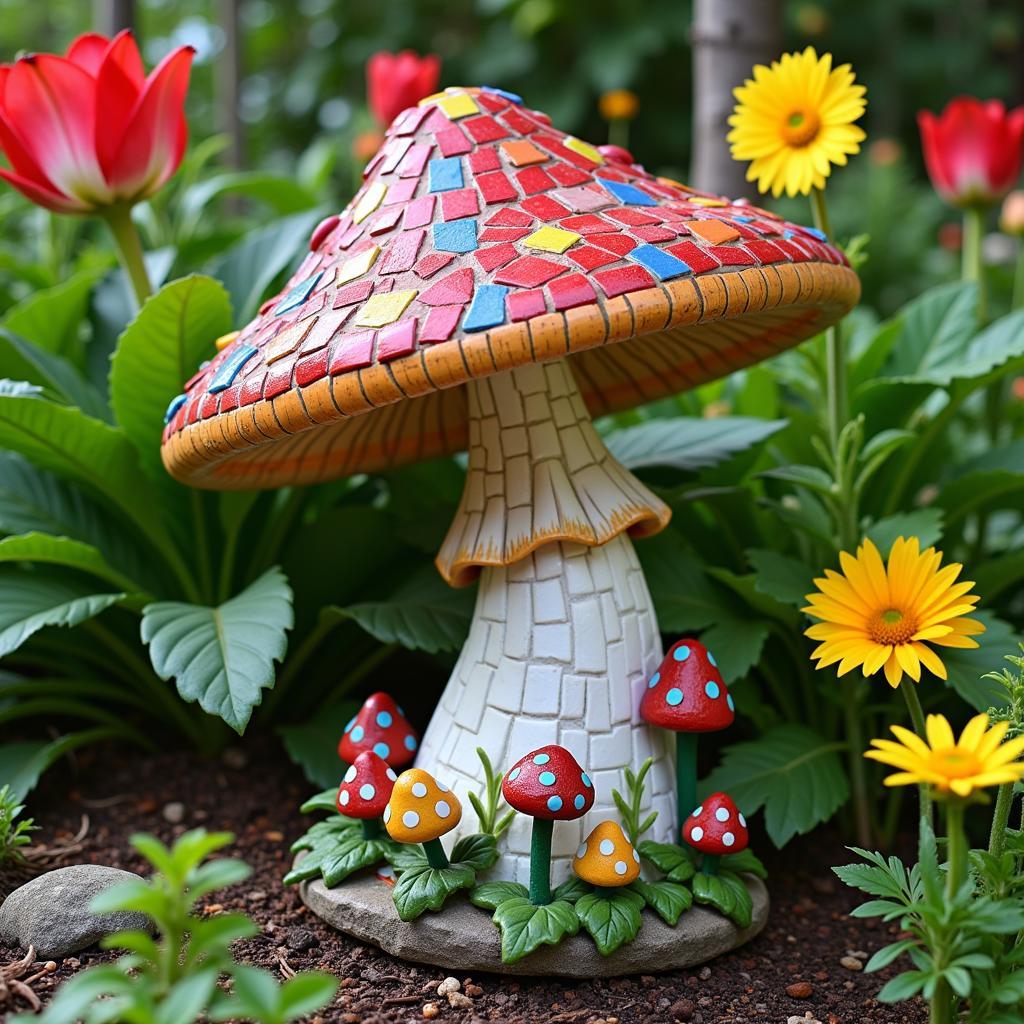 Whimsical mushroom sculpture made of mosaic tiles, placed in a garden setting amongst flowers and plants