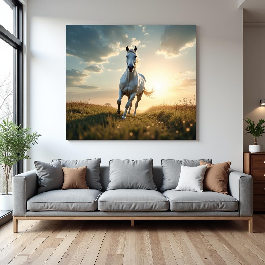 White horse canvas print in a modern living room setting