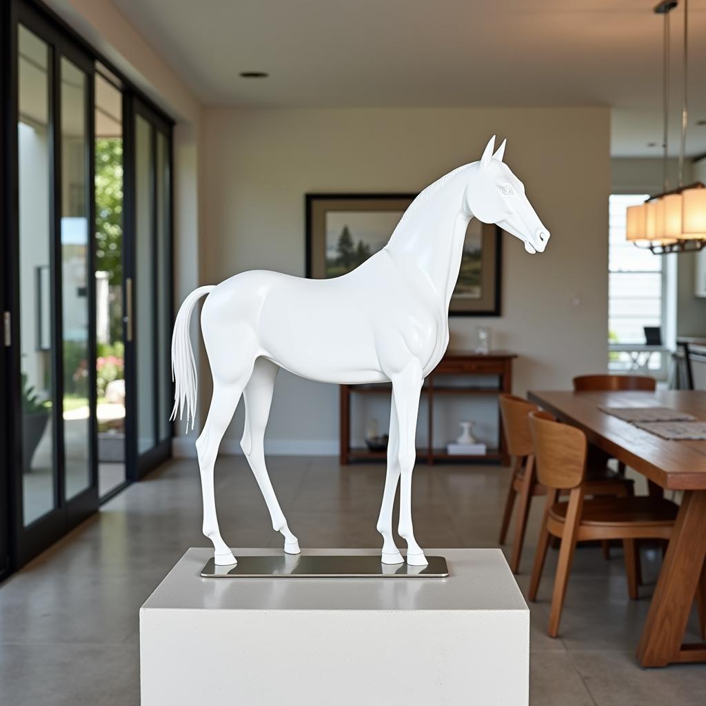 Modern metal sculpture of a white horse in a contemporary home