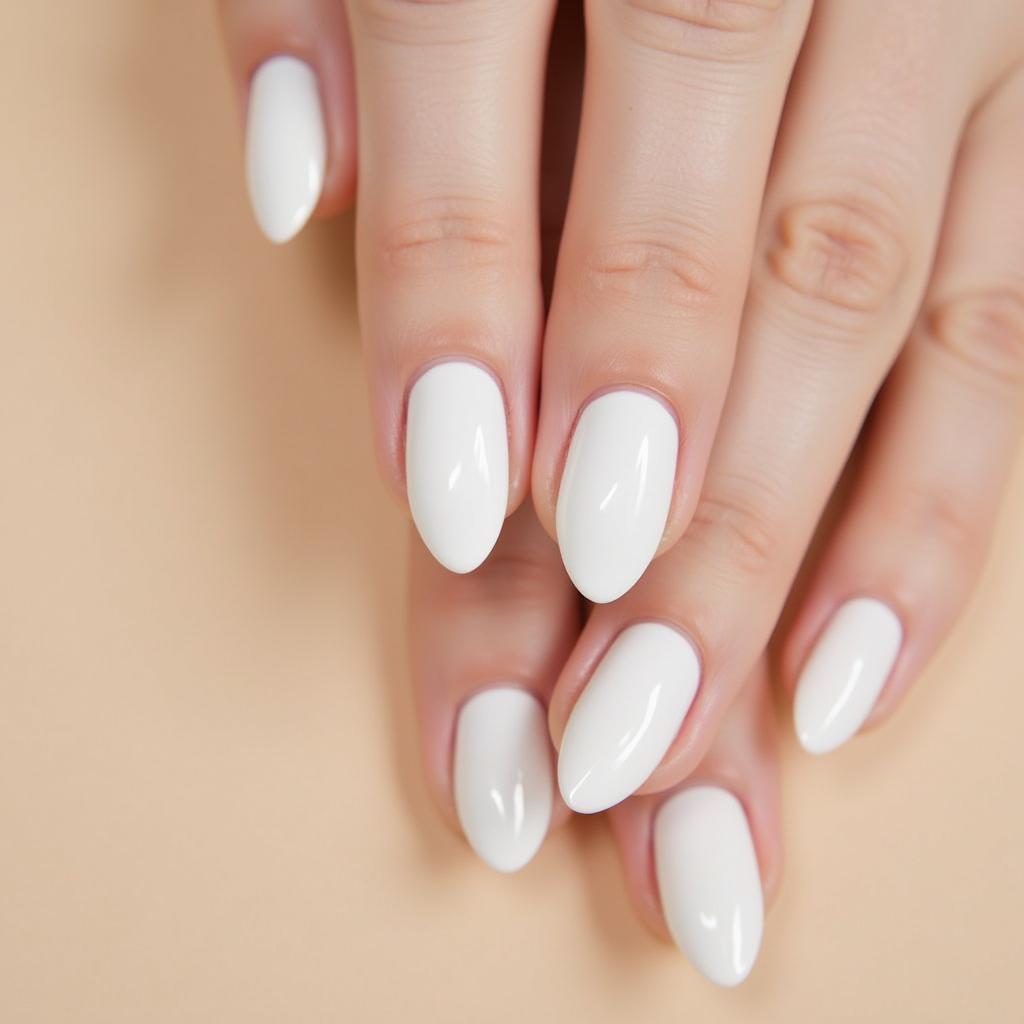 Minimalist white nail polish manicure on short almond shaped nails