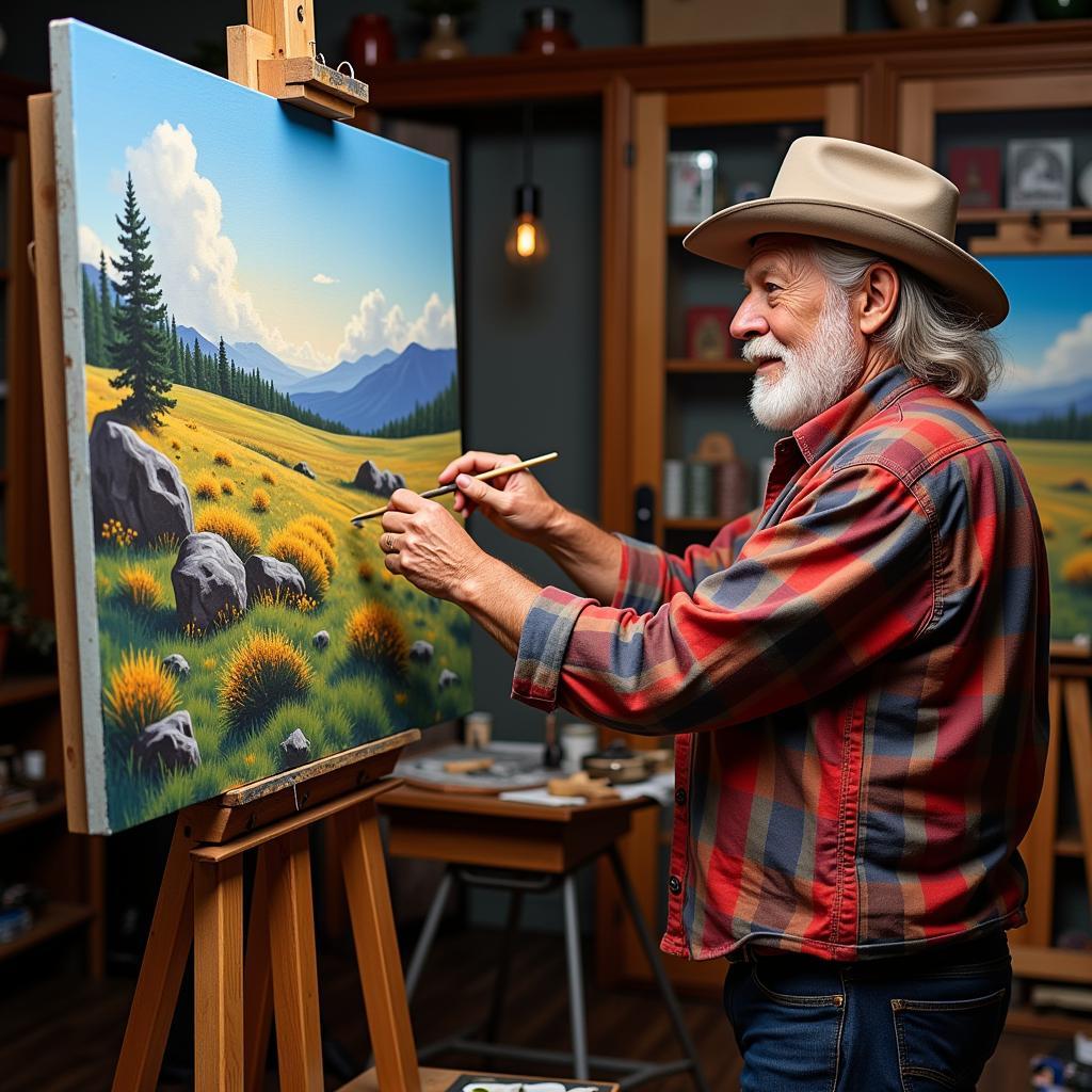 Willie Nelson painting a vibrant landscape, showcasing his artistic talents beyond music.