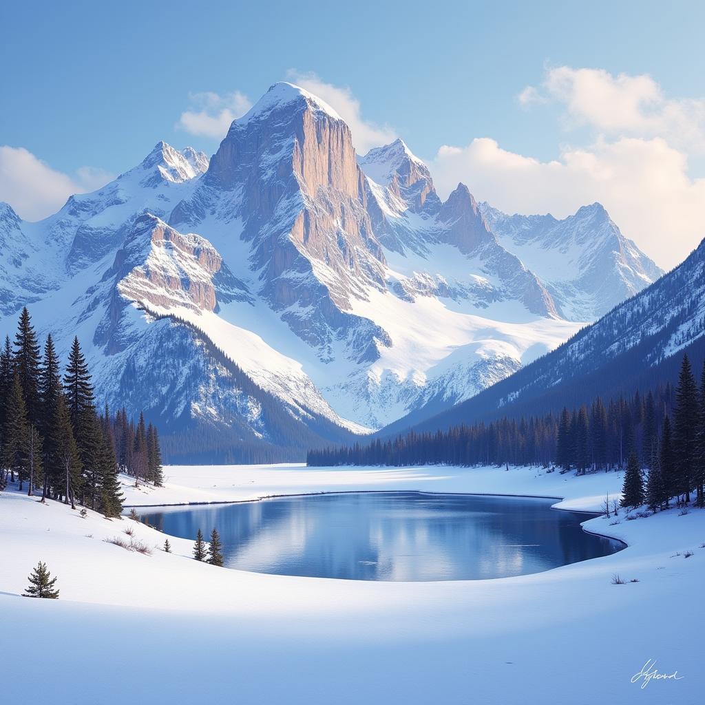 Winter Landscape Painting of Snowy Mountains