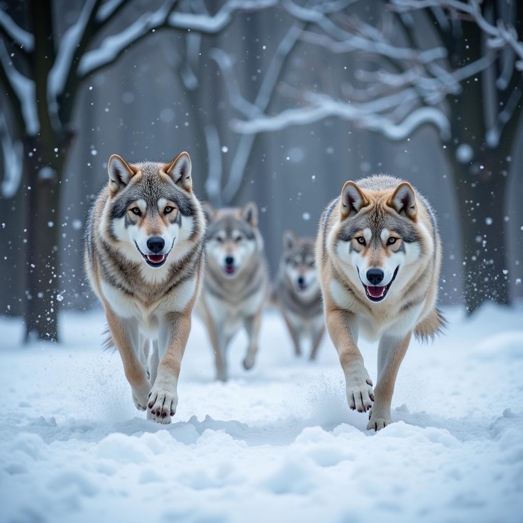 A painting of a wolf pack running through a forest during a snowfall