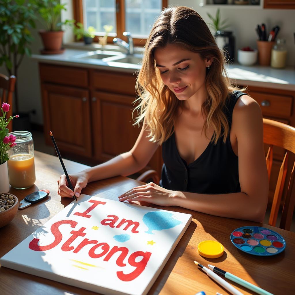 Woman Creating Affirmation Art at Home