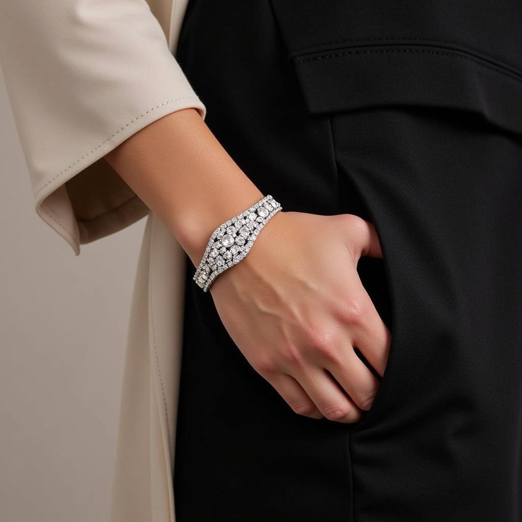 Woman Wearing a Vintage Art Deco Rhinestone Bracelet