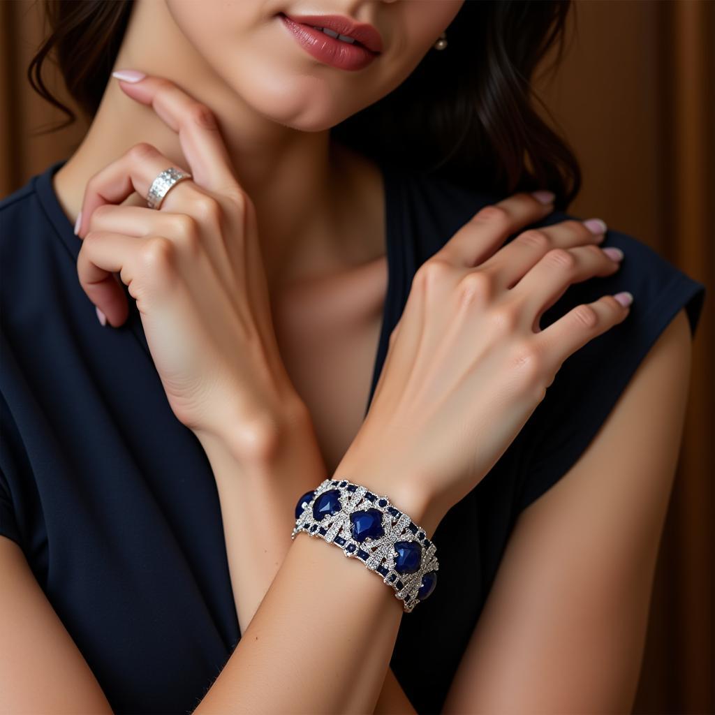 A woman wearing an art deco sapphire and diamond bracelet with a matching dress.