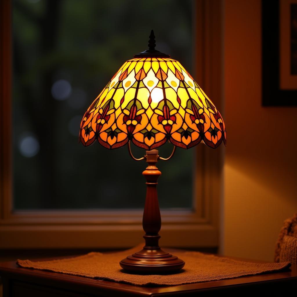 A handcrafted lamp featuring a wooden base and a stained glass shade.