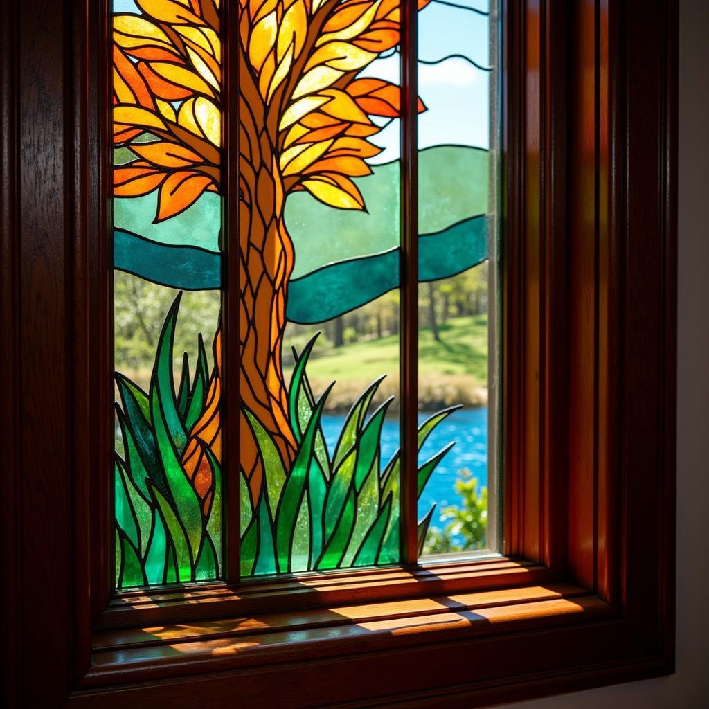 Intricate stained glass window panel set within a handcrafted wooden frame.