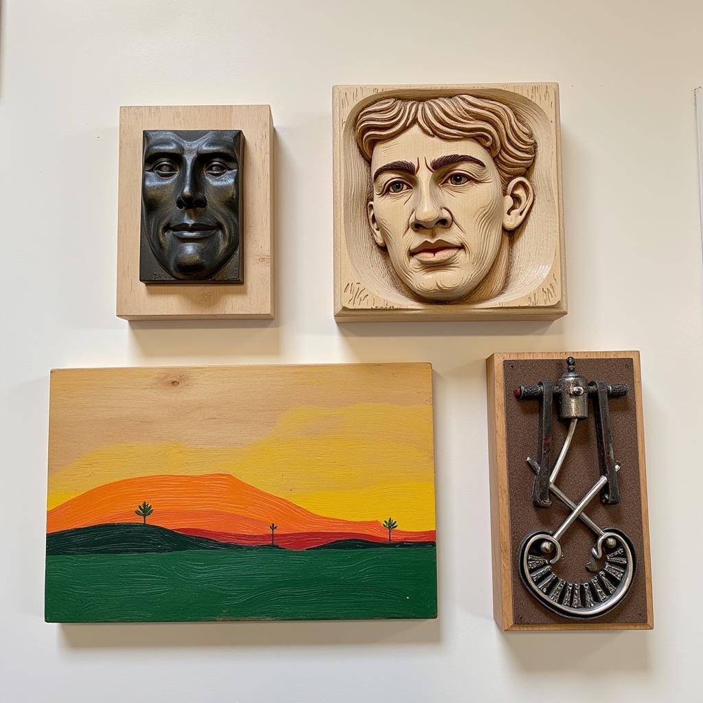 Various examples of art on wood blocks, including carving, painting, and mixed media.