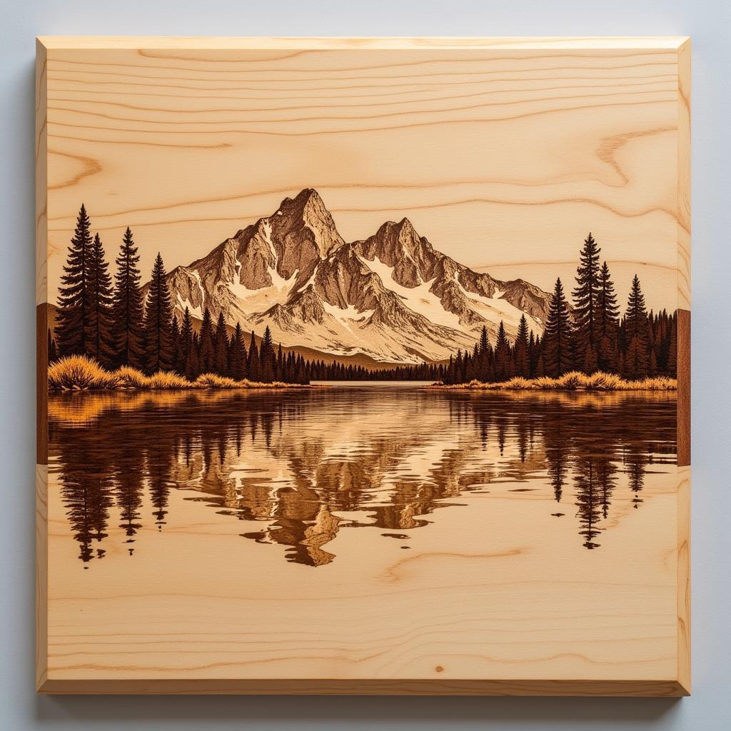 Wood Burned Landscape Scene - A serene mountain landscape rendered in intricate detail through pyrography.