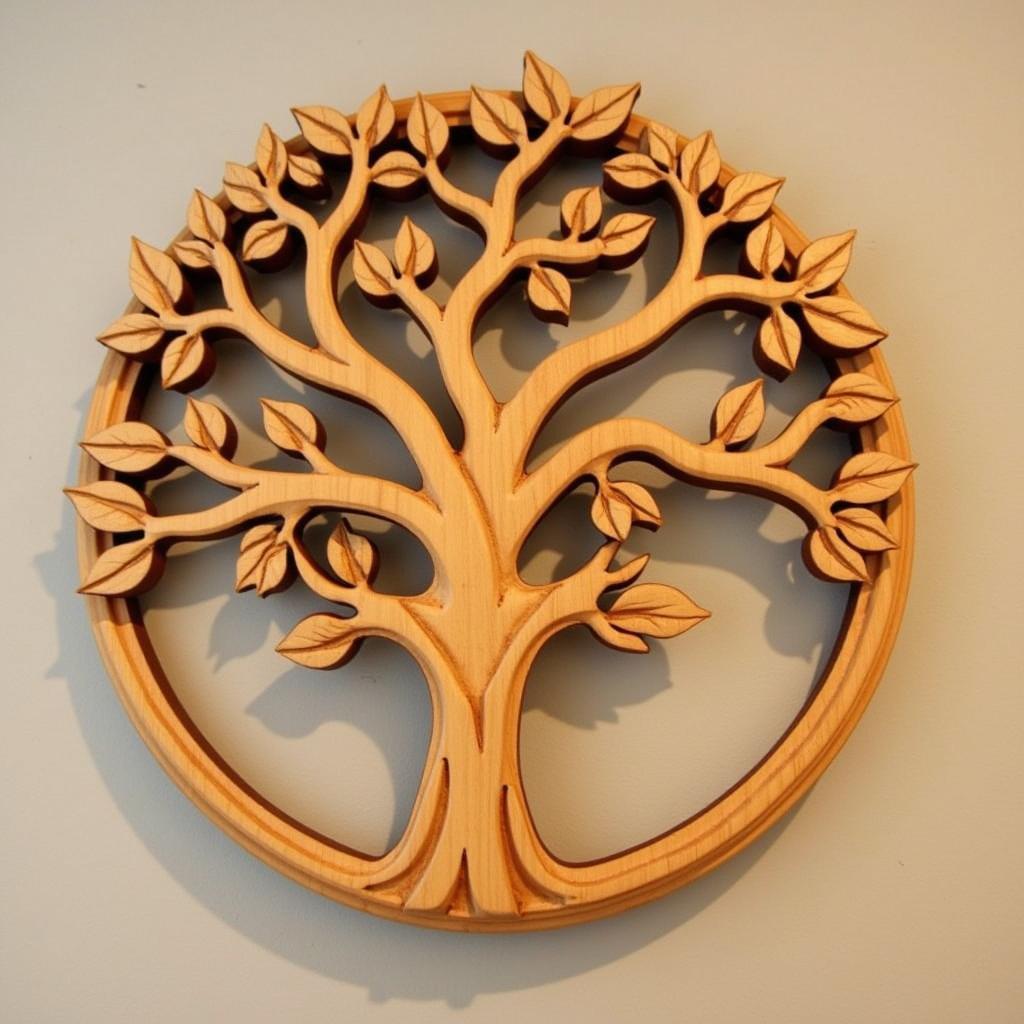 Intricate wood tree art wall hanging with detailed leaves and branches