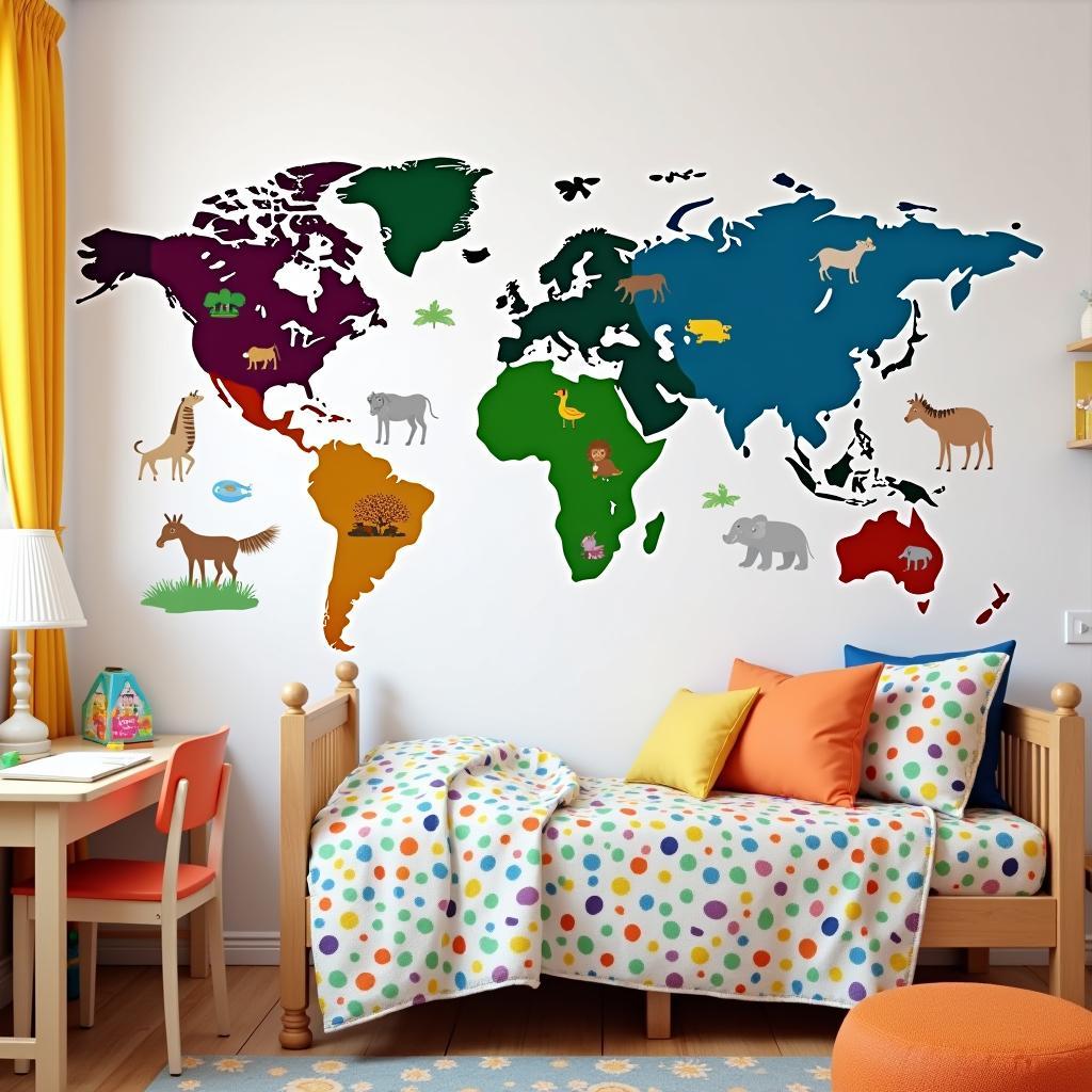 Colorful world map wall sticker in a child's bedroom