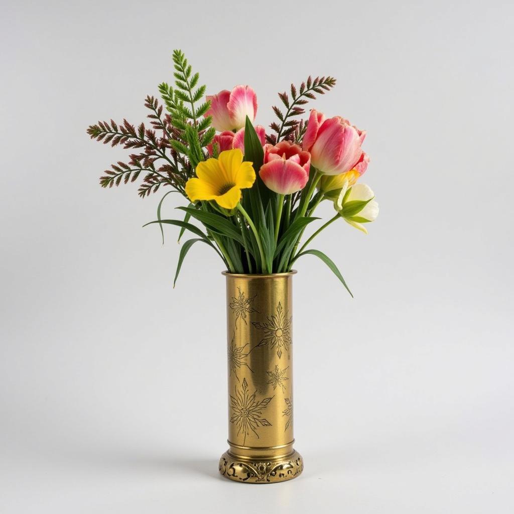 WW1 Trench Art: Brass Vase with Engraved Flowers