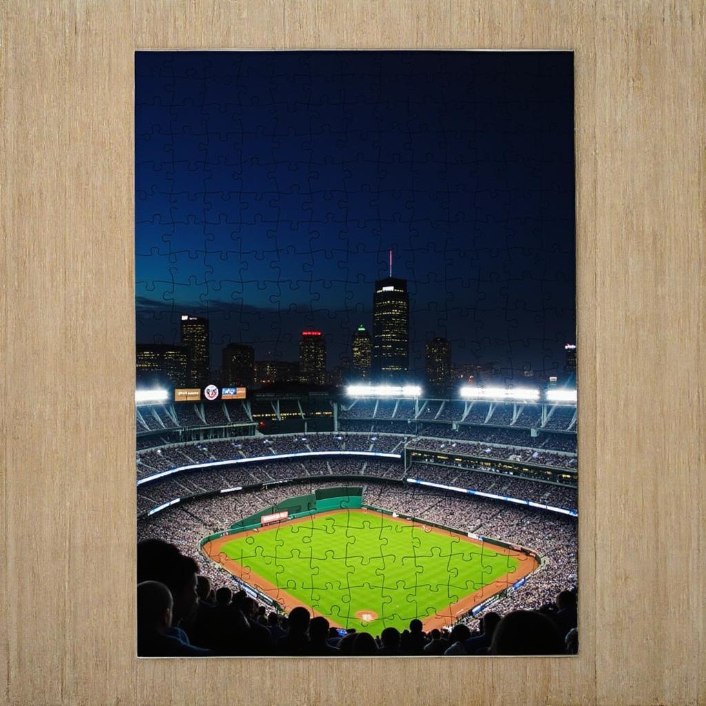 Metal Yankee Stadium wall art featuring a night view